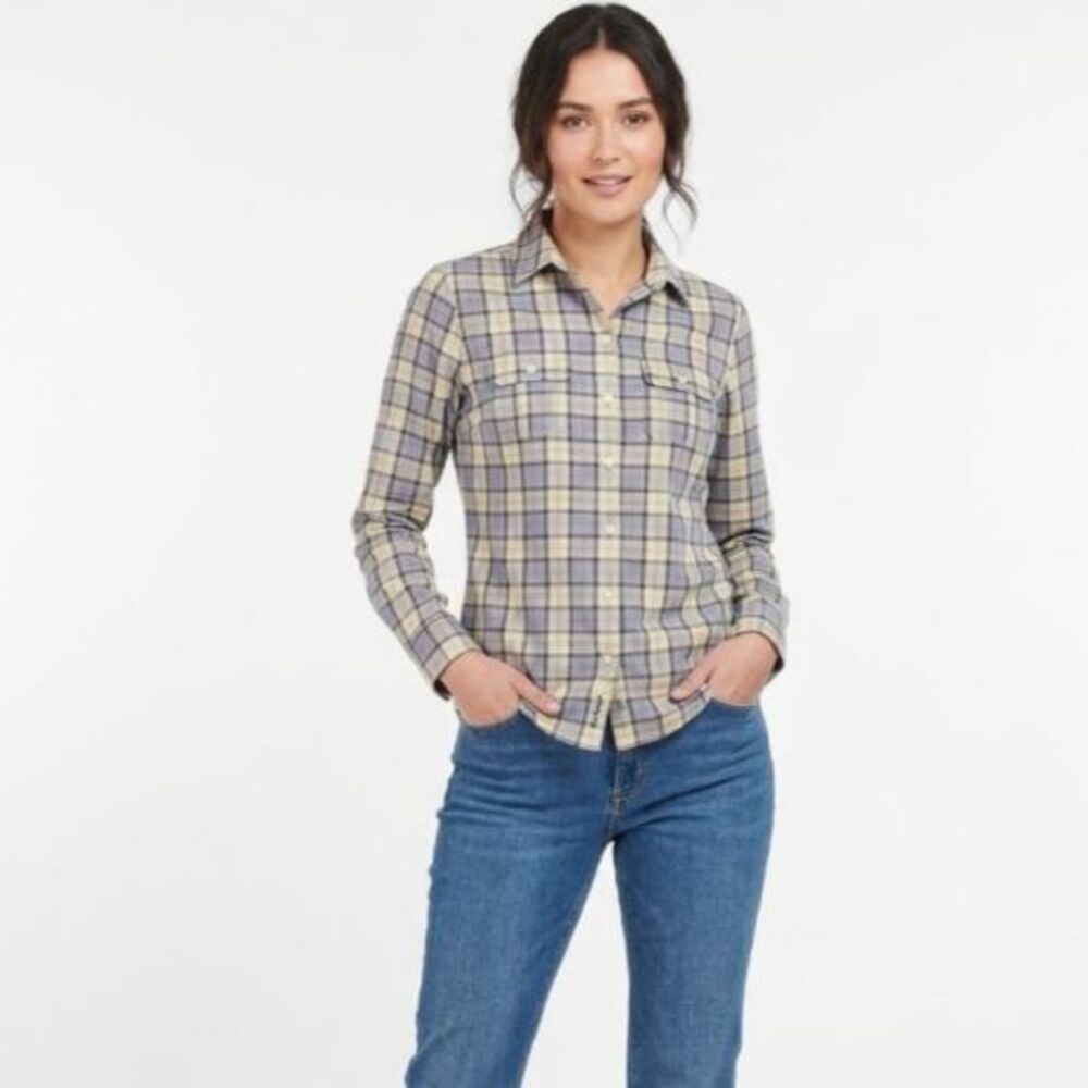 Barbour Women's NWOT Tan Blue Plaid Brushed LS Button Front Shirt Size 6